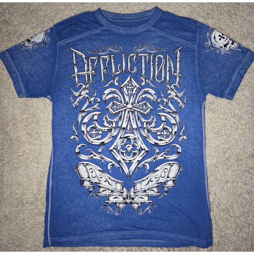 Affliction Blue Graphic T Shirt Men’s Medium Gothic Cross Scroll Burnout